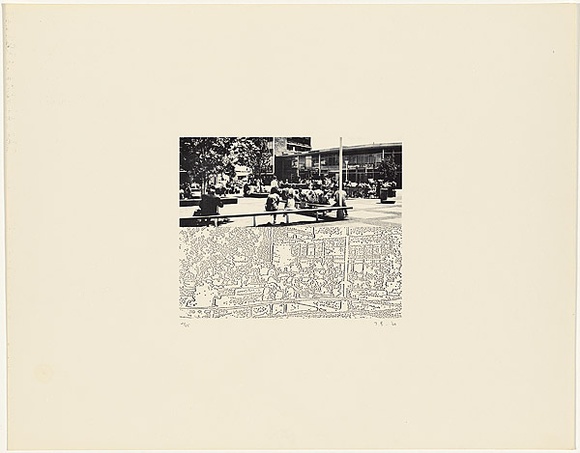 Title: b'not titled [people on benches outside cafeteria]' | Date: 1968 | Technique: b'offset-lithograph, printed in black ink, from one plate'