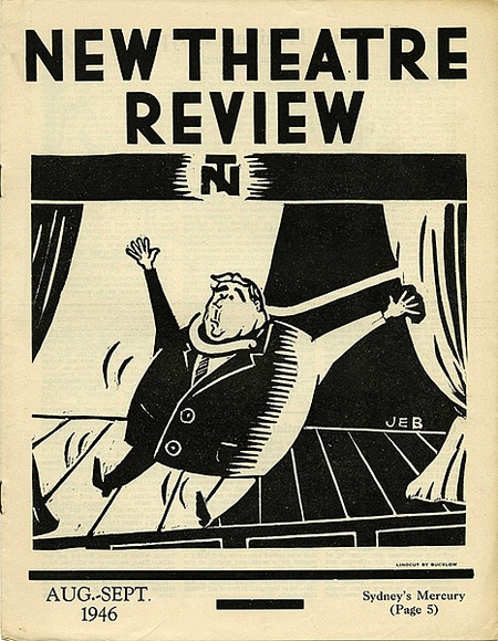 Title: b'New theatre review: Aug-Sept 1946' | Date: July 1946 | Technique: b'linocut, printed in black ink, from one block; letterpress text'