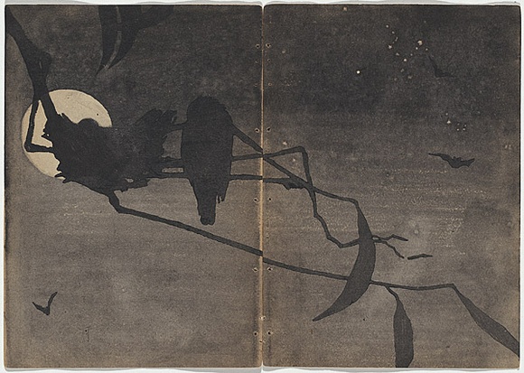 Artist: b'Teague, Violet.' | Title: b'not titled [The birds are all hushed now / The moons in the sky - / Around and around us / The little Bats fly, / Waveringly] [part image]' | Date: 1905 | Technique: b'woodcut, printed in grey ink in the Japanese manner, from one block' | Copyright: b'\xc2\xa9 Violet Teague Archive, courtesy Felicity Druce'