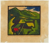 Artist: b'Brown, Geoffrey' | Title: b'Highbury landscape.' | Date: 1954 | Technique: b'linocut, printed in colour, from mutliple blocks'