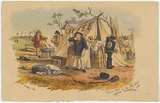 Artist: b'GILL, S.T.' | Title: b'Coffee tent and sly grog shop. Diggers breakfast 1852.' | Date: 1854 | Technique: b'lithograph, printed in black ink, from one stone; hand-coloured'