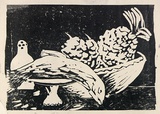 Artist: b'ROSENGRAVE, Harry' | Title: b'(Still life with fish)' | Date: 1955 | Technique: b'linocut, printed in black ink, from one block'