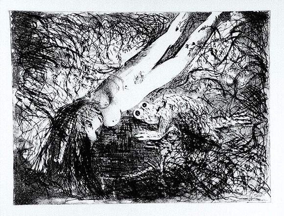 Artist: b'BOYD, Arthur' | Title: b'Diving nude and frog over a dark pond.' | Date: 1962-63 | Technique: b'etching and aquatint, printed in black ink, from one plate' | Copyright: b'Reproduced with permission of Bundanon Trust'