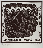 Artist: b'White, Nigel.' | Title: b'Nigel White at William Mora Gallery 2nd Nov. 1987' | Date: 1987 | Technique: b'linocut, printed in black ink, from one block'