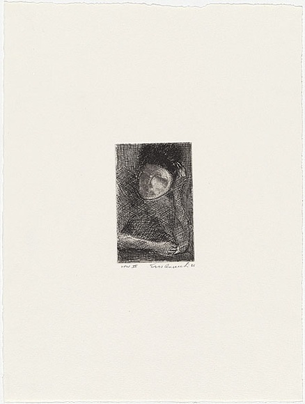 Artist: b'Anceschi, Eros.' | Title: b'not titled [reclining figure with hand supporting head]' | Date: 1988 | Technique: b'etching, printed in black ink from one plate'