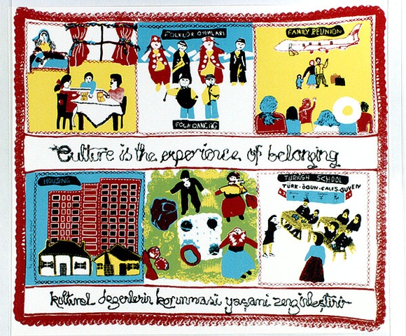 Artist: b'Shiels, Julie.' | Title: b'Culture is the Experience of belonging' | Date: 1989 | Technique: b'screenprint, printed in colour, from four stencils'