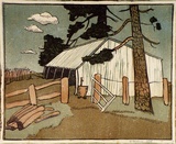 Artist: b'OGILVIE, Helen' | Title: b'The white barn' | Date: 1937 | Technique: b'linocut, printed in colour, from multiple blocks'