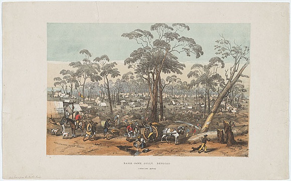 Artist: b'Angas, George French.' | Title: b'Eagle-Hawk Gully. Bendigo.' | Date: 1852 | Technique: b'lithograph, printed in colour, from three stones'
