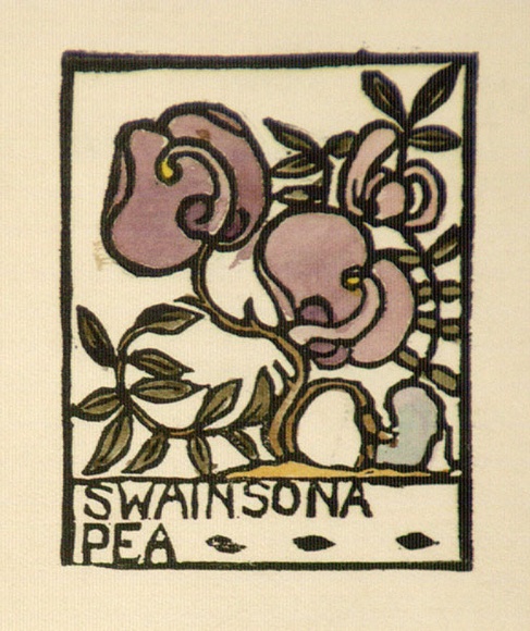 Artist: b'OGILVIE, Helen' | Title: b'Greeting card: Christmas, Swainsona Pea' | Technique: b'linocut, printed in black ink, from one block; hand-coloured'