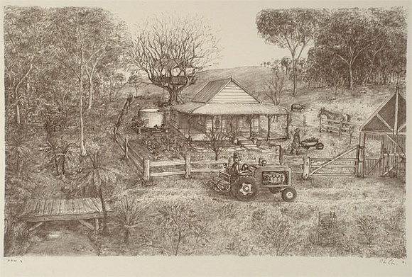 Artist: b'Gibson, Peter.' | Title: b'not titled [farm with man in tractor]' | Date: 1991 | Technique: b'lithograph, printed in black ink, from one stone'