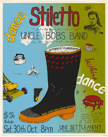 Artist: b'WORSTEAD, Paul' | Title: bStiletto, Uncle Bob's Band | Date: 1976 | Technique: b'screenprint, printed in colour, from multiple stencils' | Copyright: b'This work appears on screen courtesy of the artist'