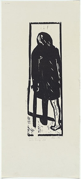 Artist: b'MADDOCK, Bea' | Title: b'Girl on crutches' | Date: 1964 | Technique: b'woodcut, printed in black ink by hand-burnishing, from  one pine block'