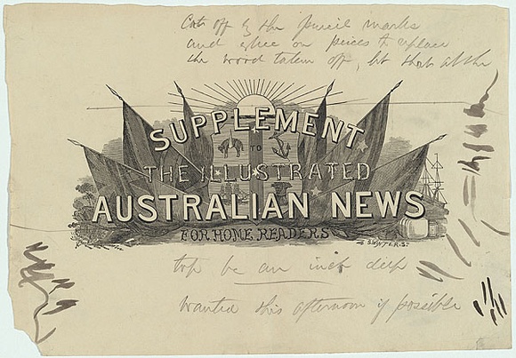 Title: b'Masthead: Supplement to the Illustrated Australian News.' | Date: c.1879 | Technique: b'wood-engraving, printed in black ink, from one block'