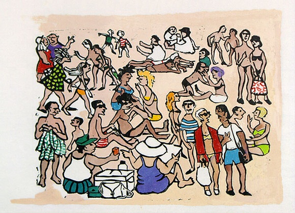 Artist: b'Allen, Joyce.' | Title: b'The large ladies.' | Date: 1987 | Technique: b'linocut, printed in black ink, from one block; hand-coloured'