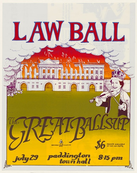 Artist: b'Stokes, Stephen.' | Title: b'Law ball: The great ballsup' | Date: 1976 | Technique: b'screenprint, printed in colour, from multiple stencils'