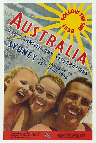 Title: b'Follow the sun 1938. Australia. 150th Anniversary celebrations, Sydney.' | Date: 1937 | Technique: b'photo-lithograph, printed in colour, from multiple plates'