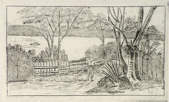 Artist: b'SIDMAN, William' | Title: b'A peep from the Botanical Gardens' | Date: 1890s | Technique: b'etching, printed in black ink, from one copper plate'