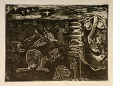 Artist: b'Barwell, Jennifer.' | Title: b'(The watchful eye).' | Date: c.1954 | Technique: b'sugar aquatint, printed in brown ink from one  plate'