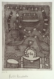 Artist: KARADADA, Rosie | Title: not titled #3 [Wandjina figure, two bush turkeys, snake, turtle, coolamon, boomerang and tommahawk] | Date: 1995, proofed | Technique: etching, printed in black ink, from one plate
