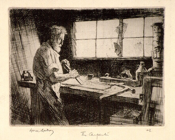 Artist: b'LINDSAY, Lionel' | Title: b'The carpenter' | Date: 1914 | Technique: b'etching, printed in brown ink, from one plate' | Copyright: b'Courtesy of the National Library of Australia'