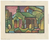 Artist: b'Jack, Kenneth.' | Title: b'Bellerive Church, Tasmania' | Date: 1953 | Technique: b'linocut, printed in colour, from four blocks' | Copyright: b'\xc2\xa9 Kenneth Jack. Licensed by VISCOPY, Australia'