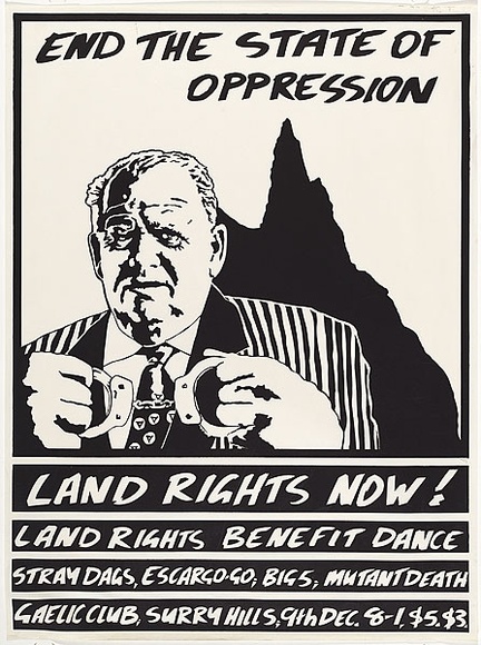 Artist: b'MACKINOLTY, Chips' | Title: b'End the state of oppression' | Date: 1982 | Technique: b'screenprint, printed in black ink, from one stencil'