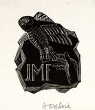 Artist: b'OGILVIE, Helen' | Title: b'not titled [Owl with wing spread, right hand and initials J.M.F.].' | Date: c.1942 | Technique: b'wood-engraving, printed in black ink, from one block'