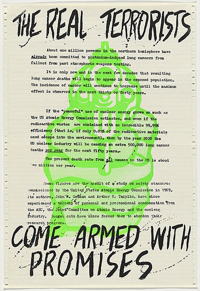 Artist: b'Thwaites, Tony.' | Title: b'The real terrorists come armed with promises' | Date: 1979 | Technique: b'screenprint, printed in colour, from two stencils'