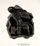 Artist: OGILVIE, Helen | Title: not titled [Owl with wing spread, right hand and initials J.M.F.]. | Date: c.1942 | Technique: wood-engraving, printed in black ink, from one block