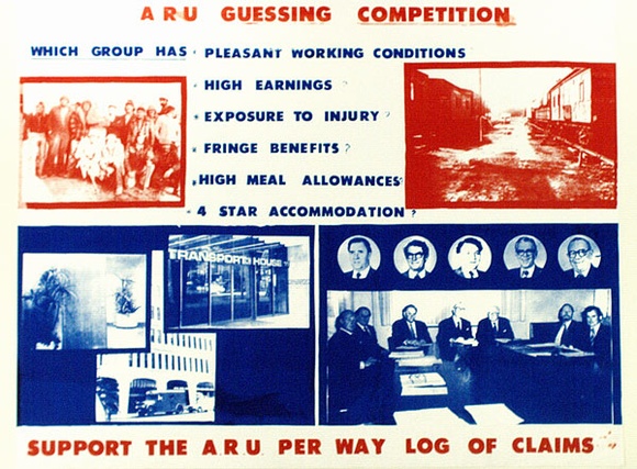 Artist: b'UNKNOWN' | Title: b'ARU guessing competition...Support the A.R.U. per way log of claims.' | Date: 1979 | Technique: b'screenprint, printed in colour, from two stencils'