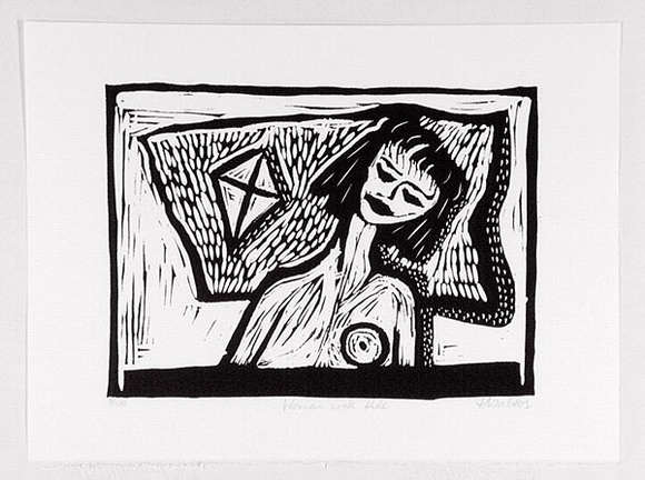 Artist: b'Walters, Kath.' | Title: b'Woman with kite.' | Date: 1988 | Technique: b'linocut, printed in black ink, from one block'