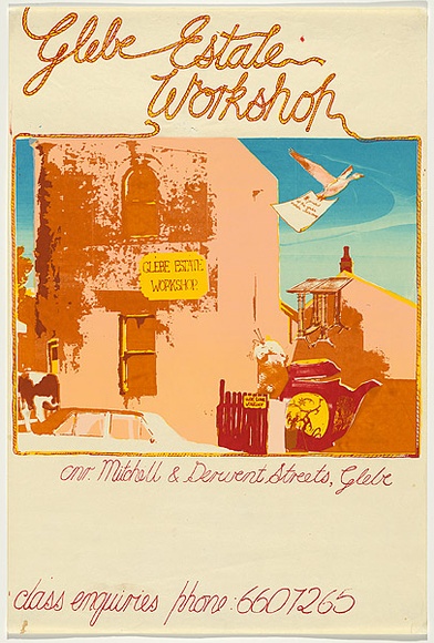 Artist: b'Lane, Leonie.' | Title: b'Glebe Estate workshop' | Date: 1978 | Technique: b'screenprint, printed in colour, from two stencils' | Copyright: b'\xc2\xa9 Leonie Lane'