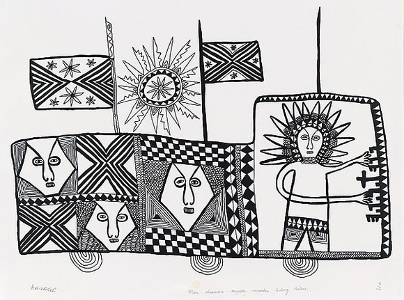 Artist: b'Kauage, Mathias.' | Title: b'Man draivim tripela memba bilong hailans  [Man driving three Highlands members of parliament]' | Date: c.1975 | Technique: b'screenprint, printed in black ink, from one stencil'