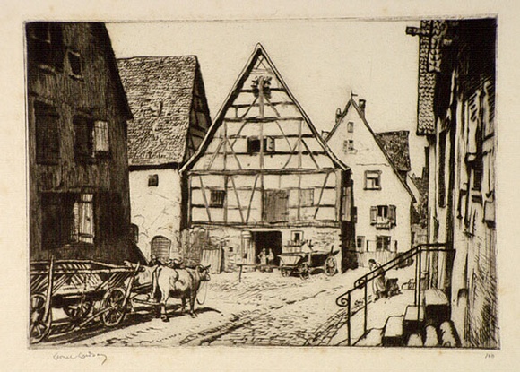 Artist: b'LINDSAY, Lionel' | Title: b'Old barn, Dinkelsbuhl, Bavaria' | Date: 1928 | Technique: b'drypoint, printed in black ink, from one plate' | Copyright: b'Courtesy of the National Library of Australia'