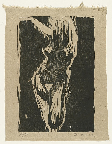 Artist: b'AMOR, Rick' | Title: b'Not titled (standing nude).' | Date: 1991 | Technique: b'woodcut, printed in dark olive green ink, from one block'