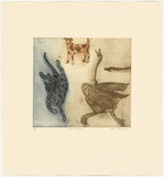 Artist: b'Robinson, William.' | Title: b'Dogs and geese.' | Date: 1990 | Technique: b'sugar-lift etching, printed in colour inks'