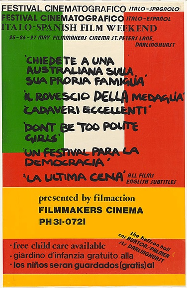 Artist: b'Weary, Geoff.' | Title: b'Festival cinematografico ... Italo-Spanish film weekend' | Date: 1979 | Technique: b'screenprint, printed in colour, from four stencils'