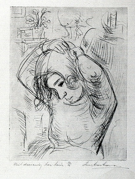 Artist: b'Armstrong, Ian.' | Title: b'Girl dressing her hair.' | Date: c.1954 | Technique: b'etching, printed in black ink, from one plate'