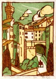 Artist: Syme, Eveline | Title: The Lily Tower, Siena | Date: 1930 | Technique: linocut, printed in colour, from four blocks (yellow, green, yellow ochre)