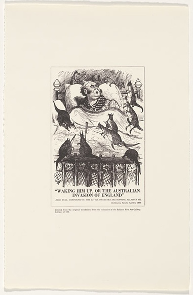 Artist: b'UNKNOWN' | Title: b'Waking him up, or the Australian invasion of England' | Date: 1886, April | Technique: b'wood-engraving, printed in black ink, from one block'