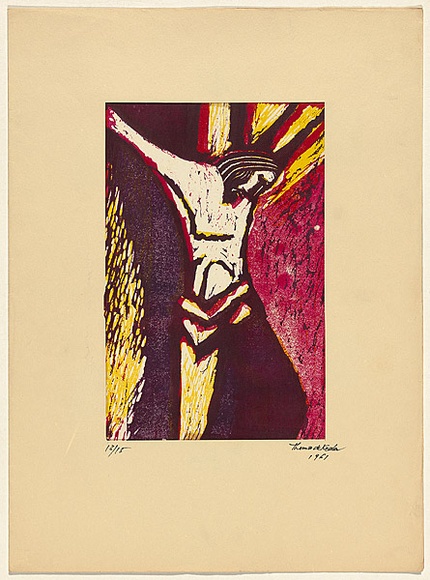 Title: b'not titled [Christ on the cross]' | Date: 1950s-60s | Technique: b'linocut, printed in colour, from multiple blocks'