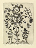 Artist: b'HANRAHAN, Barbara' | Title: b'Children with sunflower' | Date: 1991 | Technique: b'etching, printed in black ink with plate-tone, from one plate'