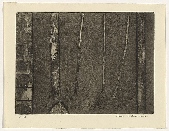 Artist: b'WILLIAMS, Fred' | Title: b'Landscape with a building' | Date: 1959-60 | Technique: b'aquatint, etching, drypoint, engraving and flat biting, printed in black ink, from one copper plate' | Copyright: b'\xc2\xa9 Fred Williams Estate'