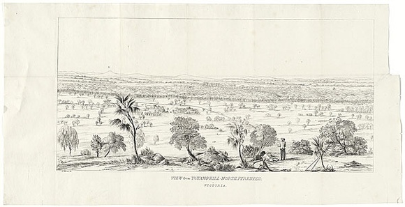 Title: b'View of Youang Hill - North Pyrenees, Victoria.' | Date: c.1852 | Technique: b'etching and engraving, printed in black ink, from one plate'