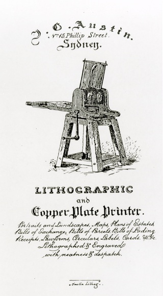 Artist: b'Austin, J.G.' | Title: b'J.G. Austin. No.15 Phillip Street, Sydney. Lithographic and Copper Plate Printer.' | Date: 1834 | Technique: b'lithograph, printed in black ink, from one stone'