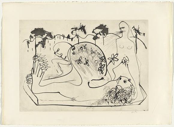 Artist: b'BOYD, Arthur' | Title: b'Sleeping potter with tree decoration.' | Date: (1968-69) | Technique: b'etching and aquatint, printed in black ink, from one plate' | Copyright: b'Reproduced with permission of Bundanon Trust'