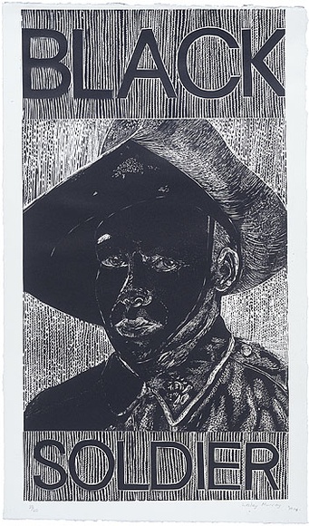 Artist: b'Murray, Lesley.' | Title: b'Black soldier' | Date: 1994 | Technique: b'woodcut, printed in black ink, from three blocks'