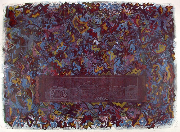 Artist: b'Wickham, Stephen.' | Title: b'not titled [blue red and gold geometric abstraction with cross-section map in centre]' | Date: 1985 | Technique: b'lithograph, printed in colour, from multiple stones' | Copyright: b'Stephen Wickham is represented by Australian Galleries Works on paper Sydney & Stephen McLaughlan Gallery, Melbourne'