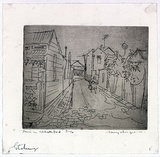 Artist: MACQUEEN, Mary | Title: Lane in Abbotsford | Date: c.1958 | Technique: etching, printed in brown ink with plate-tone from one plate | Copyright: Courtesy Paulette Calhoun, for the estate of Mary Macqueen