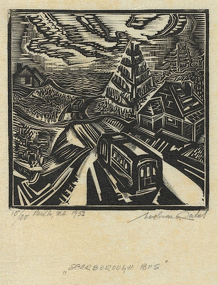 Artist: b'Ratas, Vaclovas.' | Title: b'Scarborough bus' | Date: 1952 | Technique: b'wood-engraving, printed in black ink, from one block'